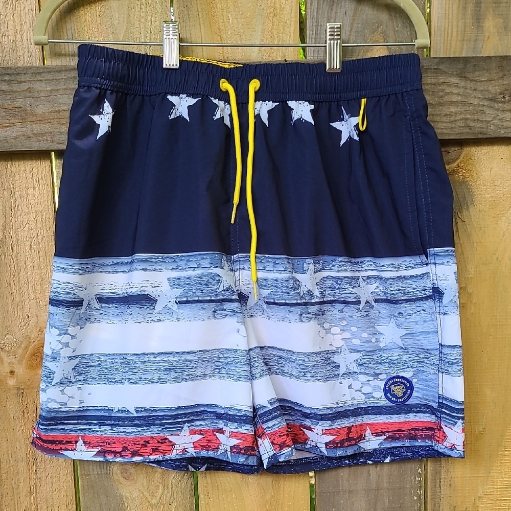 Navy and White Star‎ Swim Shorts with Yellow Drawstring